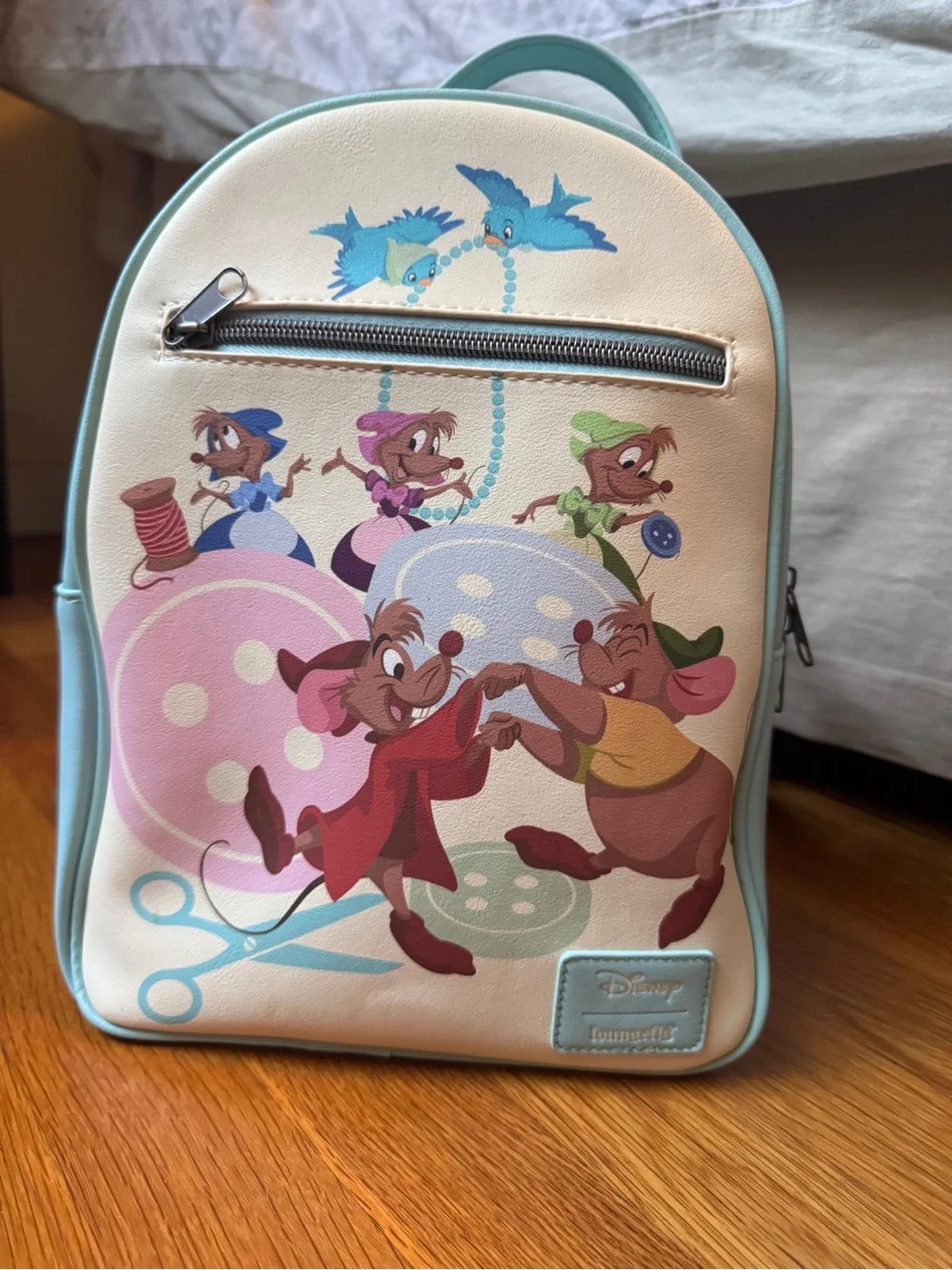 Disney Loungewfly Cinderella’s Mice white and blue backpack